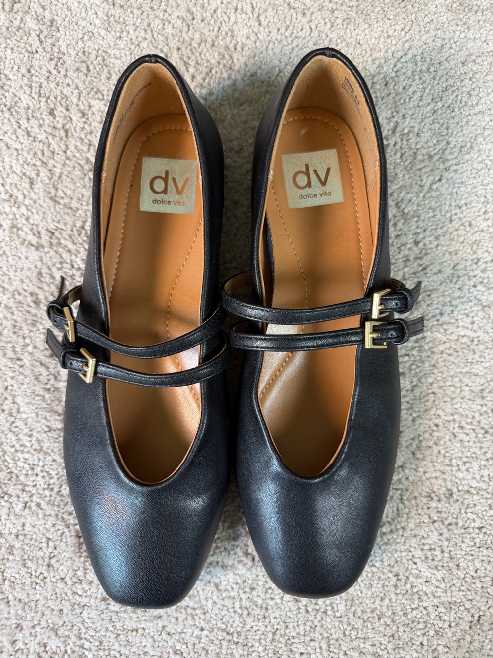DOLCE VITA DV black Leather Square Toe Buckle Adjustable Mary Jane Flats 8.5